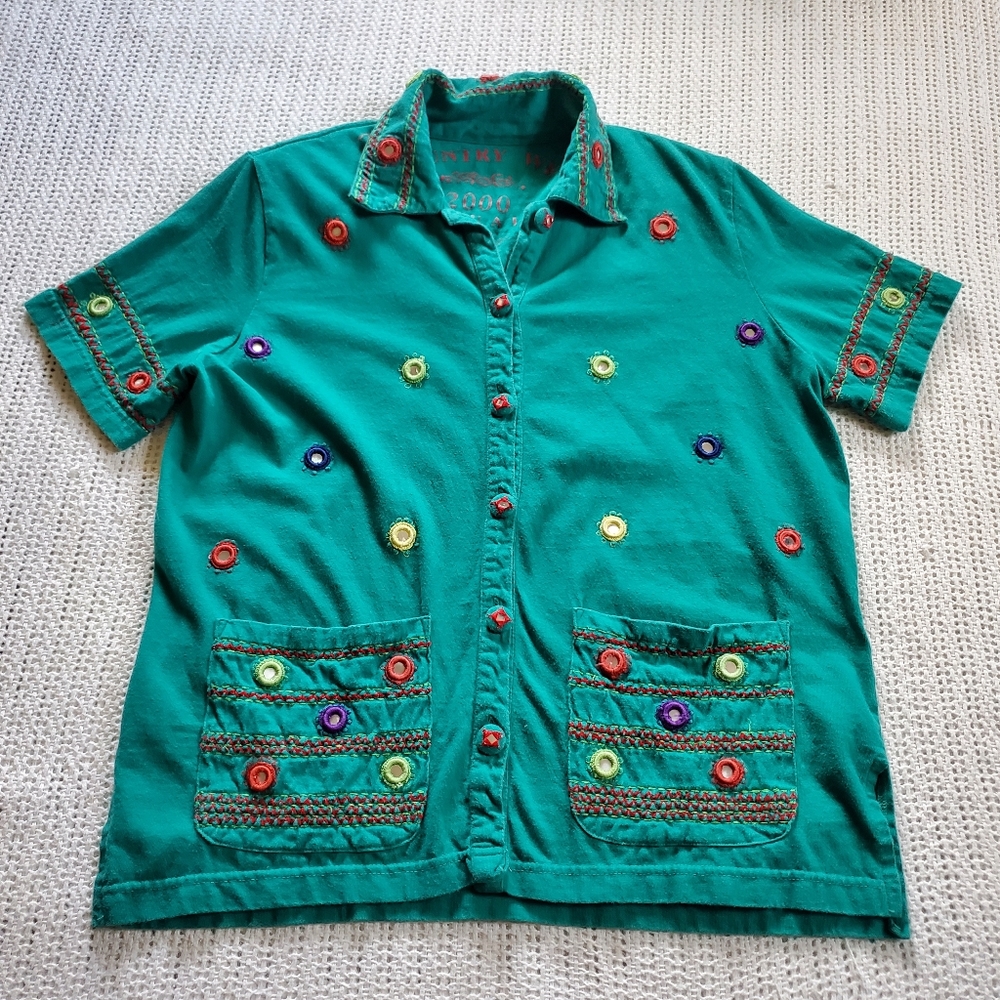 Country Wear 2000 Casual Women's Small Green 100% Cotton Mirror Button-Up Shirt